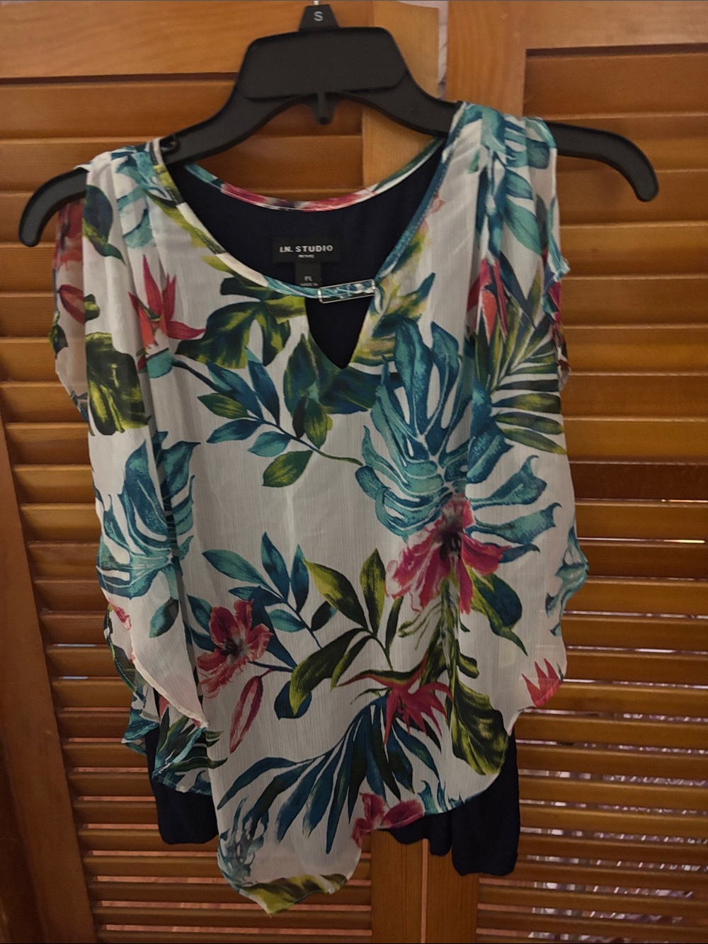 I.N. Studio White Floral Layered Tunic with Teal & Pink Leaves
